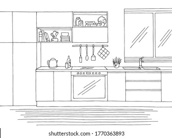 Kitchen room graphic black white home interior sketch illustration vector