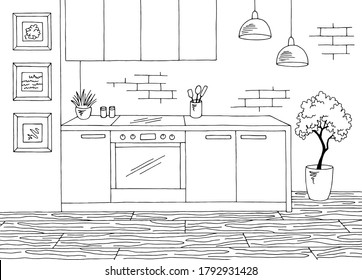 Kitchen room graphic black white home interior sketch illustration vector