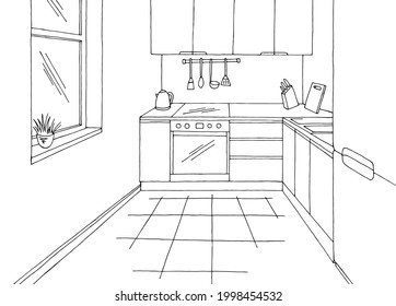 Kitchen room graphic black white home interior sketch illustration vector 