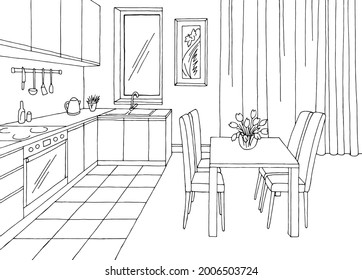 Kitchen room graphic black white home interior sketch illustration vector 