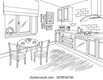 Kitchen room graphic black white home interior sketch illustration vector 