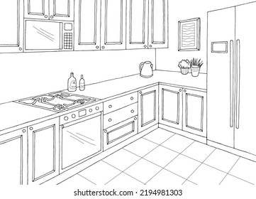 Kitchen room graphic black white home interior sketch illustration vector 