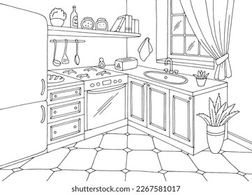 Kitchen room graphic black white home interior sketch illustration vector 