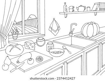 Kitchen room graphic black white interior sketch illustration vector 