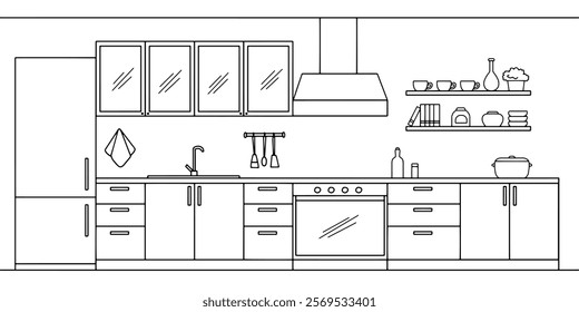 Kitchen room graphic black white home interior sketch illustration vector 