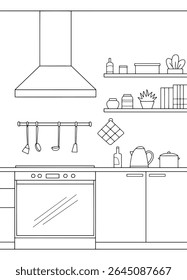 Kitchen room graphic black white home interior sketch illustration vertical vector 
