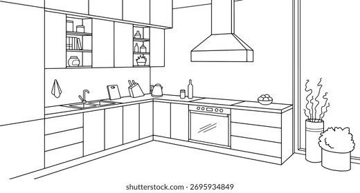 Kitchen room graphic black white home interior sketch illustration vector 