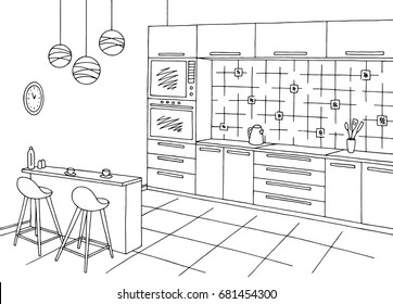 Kitchen room graphic black white interior sketch illustration vector