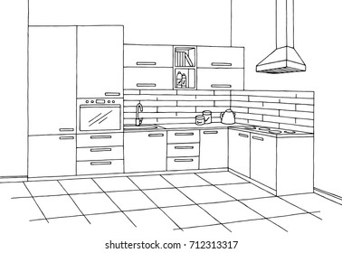 Kitchen room graphic black white interior sketch illustration vector