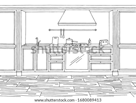 Kitchen room graphic black white home interior sketch illustration vector