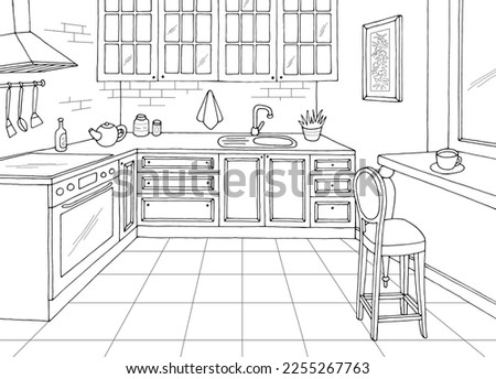 Kitchen room graphic black white home interior sketch illustration vector 