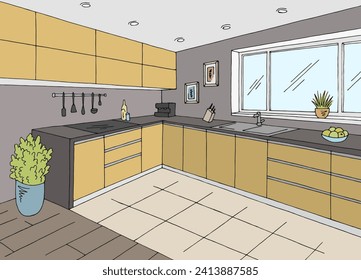 Kitchen room graphic color home interior sketch illustration vector 