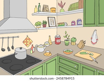 Kitchen room graphic color home interior sketch illustration vector 