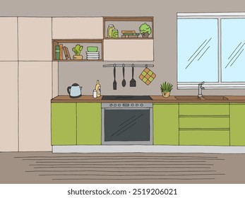 Sala de cozinha gráfica cor casa interior esboço ilustração vetor 