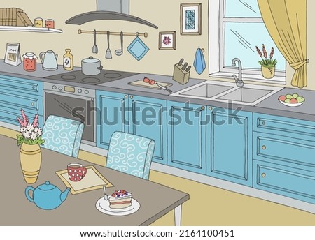 Kitchen room graphic color home interior sketch illustration vector 