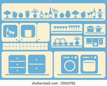 Kitchen room and home objects set. Vector illustration.