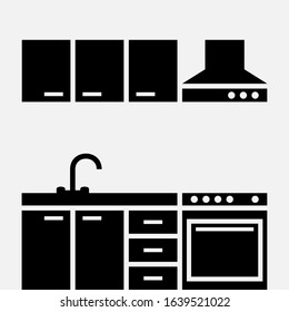 Kitchen Room Icon With Cooker, Hood, Sink And Furniture