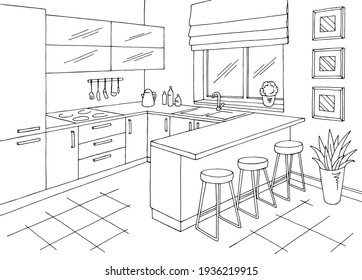 Kitchen room interior black white graphic sketch illustration vector