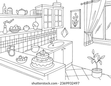 Kitchen room interior black white graphic sketch illustration vector 