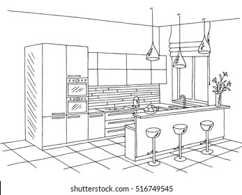 Kitchen room interior black white graphic art sketch illustration vector