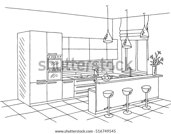 Kitchen Room Interior Black White Graphic Stock Vector (Royalty Free ...