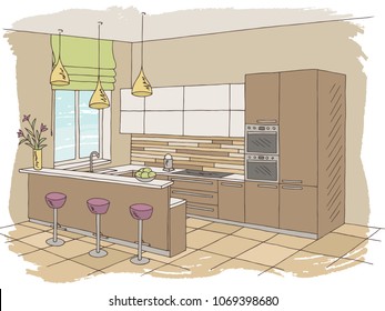 Kitchen room interior color graphic sketch illustration vector