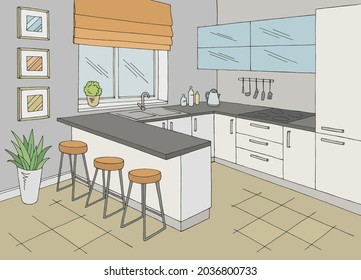 Kitchen room interior color graphic sketch illustration vector 