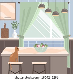Kitchen room interior and design. Food making area. The cat is looking at the salad on the table. Empty room for cooking and preparing dishes. Design and layout of the kitchen in a modern style
