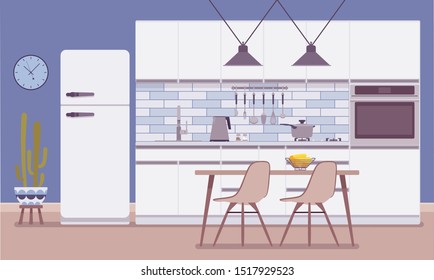 Kitchen room interior and design. Functional zone with sink, stove and fridge, dining area and small breakfast nook for morning coffee. Vector flat style cartoon illustration