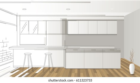 Kitchen room interior design. Living room with furniture. Cozy interior with shelf. sketch style vector illustration.