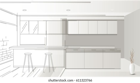 Kitchen room interior design. Living room with furniture. Cozy interior with shelf. sketch style vector illustration.