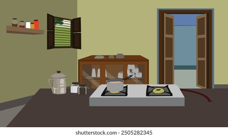 Diseño interior de la sala de cocina con estufa, estante, utensilios. Diseño de fondo de Vector de cocina para dibujos animados