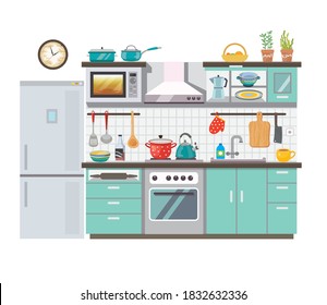 Kitchen room interior with electric appliances, sink, furniture and dishes. Modern cooking devices - stove, fridge, microwave. Modern home design layout. Flat vector illustration.