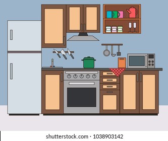 Kitchen room interior flat vector illustration. Kitchen with furniture and appliances, worktop, microwave, refrigerator, oven, cooker, extractor fan. The concept of kitchen design.
