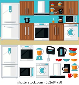 Kitchen room interior with furniture, appliances, electronics and cooking tools. Colorful isolated icons set. Flat design illustration