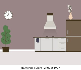 Kitchen room interior with furniture. Cozy kitchen interior with , stove, cupboard, dishes and fridge. Flat style vector illustration.