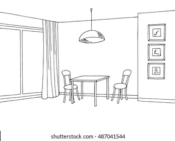 Kitchen room interior graphic art black white sketch illustration vector