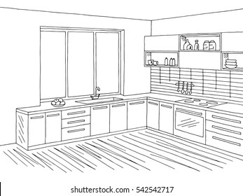 Linear Sketch Interior Kitchen Stock Vector (Royalty Free) 257417155 ...