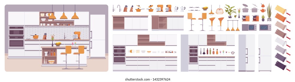 Kitchen room interior, home creation set, eating area, food preparation kit with furniture, constructor elements to build your own design. Cartoon flat style infographic illustration, color palette