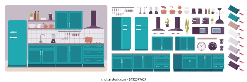 Kitchen room interior, home creation set, ultramarine cabinet, vent hood, kit with furniture, constructor elements to build your own design. Cartoon flat style infographic illustration, color palette