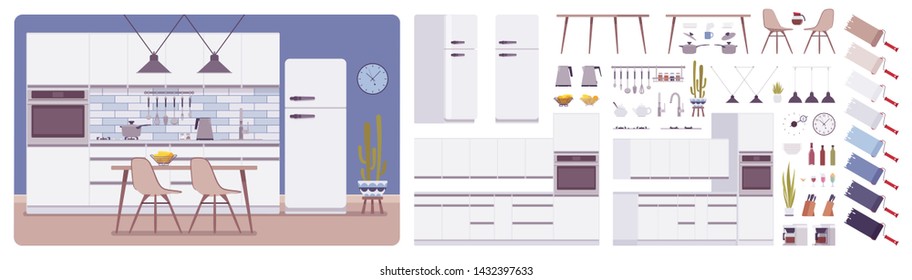 Kitchen room interior, house creation set, modern home project, kit with furniture and utensils, constructor elements to build own design. Cartoon flat style infographic illustration, color palette