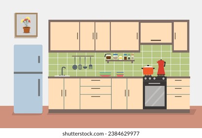 Kitchen room interior illustration with fridge, stove, sink, cabinets and cupboard dishes