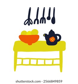 Kitchen room interior objects set. Cute hand drawn doodle house furniture inside items, table, dish, fruits, kettle, tea pot, stirrer, spatula, whisk, spoon. Modern flat apartment elements