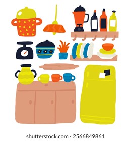 Kitchen room interior objects set. Cute hand drawn doodle house furniture inside items, lamp, fridge, cups, plates, bottles, wine, blender, rolling pin, saucepan, scales, decanter. Apartment elements