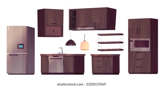 Kitchen room interior with tables, fridge, stove and cupboards. House furniture for cooking, modern refrigerator, kitchen counter with sink and dishwasher, microwave, vector cartoon set