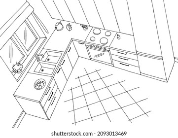 Vista superior de la parte interior de la cocina desde la parte superior del dibujo gráfico aéreo blanco negro vector 