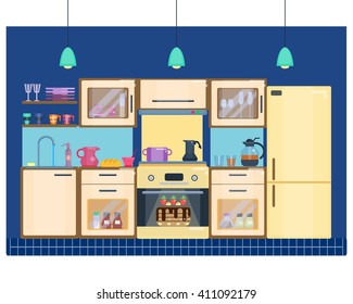 Kitchen room interior with utensils, appliances and furniture. Stove and oven, fridge and kitchen furniture. Flat home interior. Vector illustration