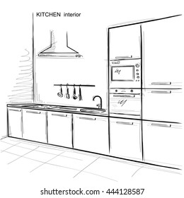 kitchen room interior.Vector sketchy illustration isolated on white