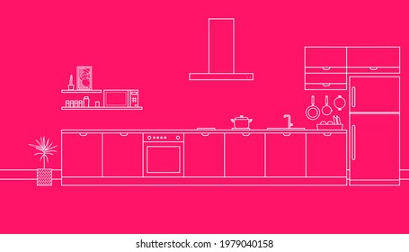 Kitchen room line art design on pink background. Vector illustration of room interior concept.