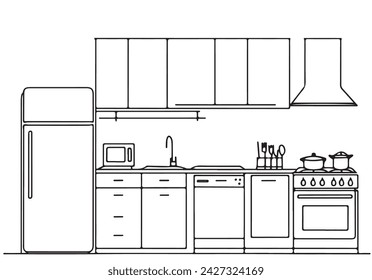 Kitchen room line art design on white background. Furniture